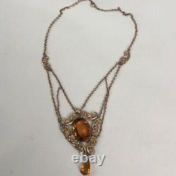 Vtg Antique Victorian Edwardian Gold Filled Amber Glass Lavalier Necklace