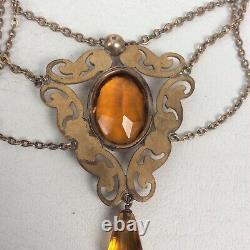 Vtg Antique Victorian Edwardian Gold Filled Amber Glass Lavalier Necklace