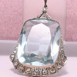 Vtg Art Deco Cushion Cut Aquamarine Glass Paste LARGE Sterling Silver Pendant