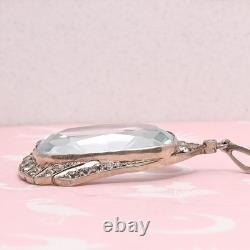 Vtg Art Deco Cushion Cut Aquamarine Glass Paste LARGE Sterling Silver Pendant