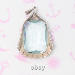 Vtg Art Deco Cushion Cut Aquamarine Glass Paste LARGE Sterling Silver Pendant