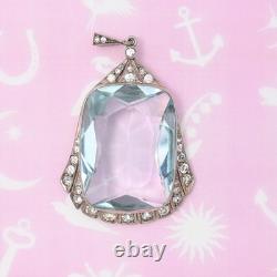 Vtg Art Deco Cushion Cut Aquamarine Glass Paste LARGE Sterling Silver Pendant