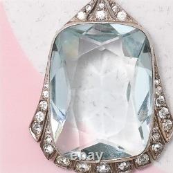 Vtg Art Deco Cushion Cut Aquamarine Glass Paste LARGE Sterling Silver Pendant