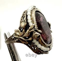 Vtg Art Deco Czech Purple Glass Sterling Silver Ring