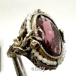 Vtg Art Deco Czech Purple Glass Sterling Silver Ring