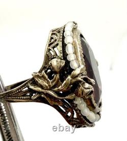 Vtg Art Deco Czech Purple Glass Sterling Silver Ring