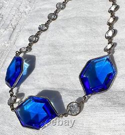 Vtg Art Deco LARGE BLUE GLASS Clear Crystal Bezel-Set Sterling Silver Necklace