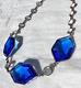 Vtg Art Deco Large Blue Glass Clear Crystal Bezel-set Sterling Silver Necklace