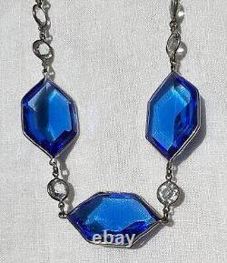 Vtg Art Deco LARGE BLUE GLASS Clear Crystal Bezel-Set Sterling Silver Necklace