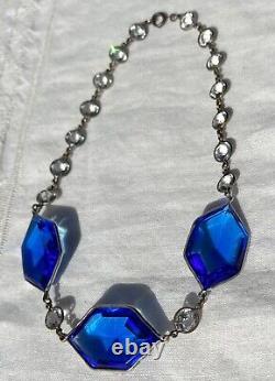 Vtg Art Deco LARGE BLUE GLASS Clear Crystal Bezel-Set Sterling Silver Necklace