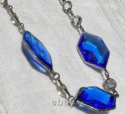 Vtg Art Deco LARGE BLUE GLASS Clear Crystal Bezel-Set Sterling Silver Necklace