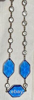 Vtg Art Deco LARGE BLUE GLASS Clear Crystal Bezel-Set Sterling Silver Necklace