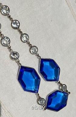 Vtg Art Deco LARGE BLUE GLASS Clear Crystal Bezel-Set Sterling Silver Necklace
