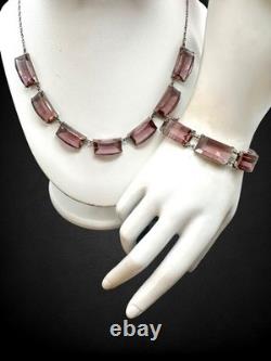 Vtg Art Deco Sterling Silver Faceted Purple Czech Glass Necklace Bracelet Set