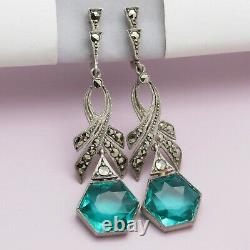 Vtg Art Deco Sterling Silver Geometric Sea Foam Green Glass Dangle Earrings