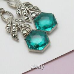 Vtg Art Deco Sterling Silver Geometric Sea Foam Green Glass Dangle Earrings