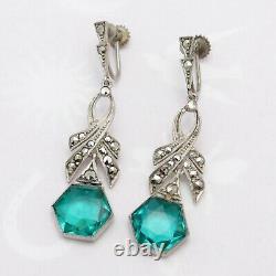 Vtg Art Deco Sterling Silver Geometric Sea Foam Green Glass Dangle Earrings