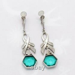 Vtg Art Deco Sterling Silver Geometric Sea Foam Green Glass Dangle Earrings