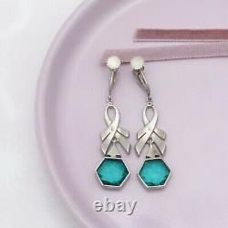 Vtg Art Deco Sterling Silver Geometric Sea Foam Green Glass Dangle Earrings