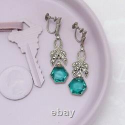 Vtg Art Deco Sterling Silver Geometric Sea Foam Green Glass Dangle Earrings