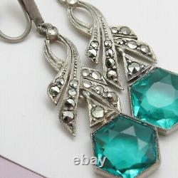 Vtg Art Deco Sterling Silver Geometric Sea Foam Green Glass Dangle Earrings