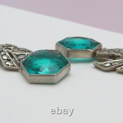 Vtg Art Deco Sterling Silver Geometric Sea Foam Green Glass Dangle Earrings