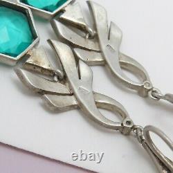 Vtg Art Deco Sterling Silver Geometric Sea Foam Green Glass Dangle Earrings