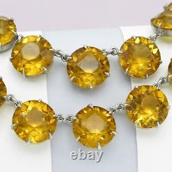 Vtg Art Deco Sterling Silver Open Back Topaz Glass LARGE Crystal Necklace