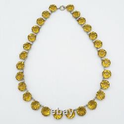 Vtg Art Deco Sterling Silver Open Back Topaz Glass LARGE Crystal Necklace
