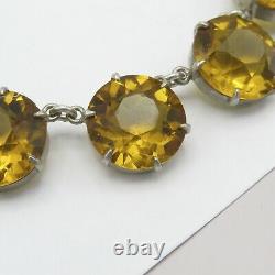 Vtg Art Deco Sterling Silver Open Back Topaz Glass LARGE Crystal Necklace