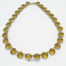 Vtg Art Deco Sterling Silver Open Back Topaz Glass LARGE Crystal Necklace