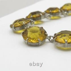 Vtg Art Deco Sterling Silver Open Back Topaz Glass LARGE Crystal Necklace