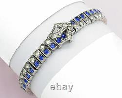 Vtg Art Deco Sterling Silver Sapphire Blue Glass Paste Buckle Diamonbar Bracelet