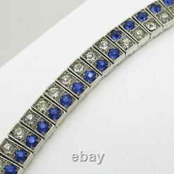 Vtg Art Deco Sterling Silver Sapphire Blue Glass Paste Buckle Diamonbar Bracelet