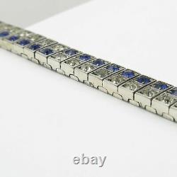 Vtg Art Deco Sterling Silver Sapphire Blue Glass Paste Buckle Diamonbar Bracelet