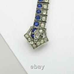 Vtg Art Deco Sterling Silver Sapphire Blue Glass Paste Buckle Diamonbar Bracelet