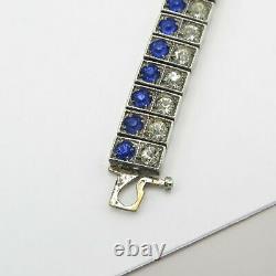 Vtg Art Deco Sterling Silver Sapphire Blue Glass Paste Buckle Diamonbar Bracelet