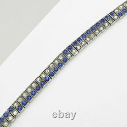 Vtg Art Deco Sterling Silver Sapphire Blue Glass Paste Buckle Diamonbar Bracelet