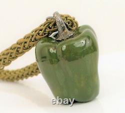 Vtg Beautiful Sterling Silver Hand Blown Glass Green Pepper Pendant Necklace