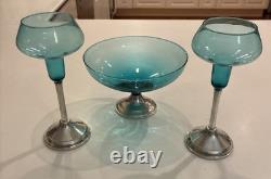 Vtg Duchin Creations Glass Sterling Silver Blue Weighted Bowl & Candle Holders