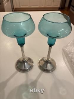 Vtg Duchin Creations Glass Sterling Silver Blue Weighted Bowl & Candle Holders