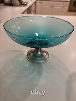 Vtg Duchin Creations Glass Sterling Silver Blue Weighted Bowl & Candle Holders