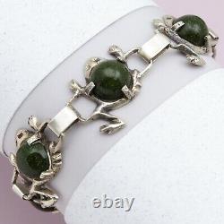 Vtg Early 1940s Mexican Green Goldstone Glass Frog Sterling Silver Bracelet