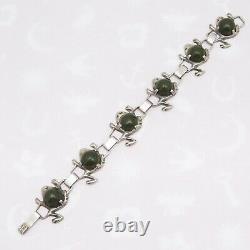 Vtg Early 1940s Mexican Green Goldstone Glass Frog Sterling Silver Bracelet