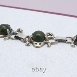 Vtg Early 1940s Mexican Green Goldstone Glass Frog Sterling Silver Bracelet