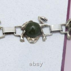 Vtg Early 1940s Mexican Green Goldstone Glass Frog Sterling Silver Bracelet