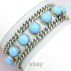 Vtg Early Mexican Taxco Sterling Silver Turquoise Glass Curb Chain Bracelet