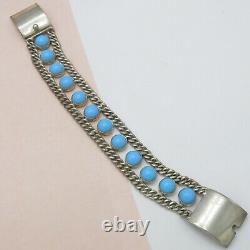 Vtg Early Mexican Taxco Sterling Silver Turquoise Glass Curb Chain Bracelet