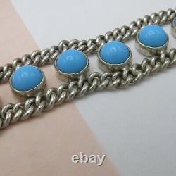 Vtg Early Mexican Taxco Sterling Silver Turquoise Glass Curb Chain Bracelet