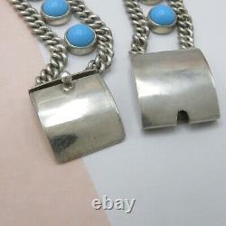 Vtg Early Mexican Taxco Sterling Silver Turquoise Glass Curb Chain Bracelet